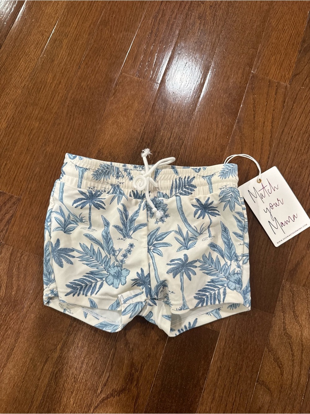 NWT Show Me Your MuMu Toddler White and Blue Tropical Print Swim Trunks